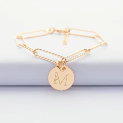 Bracelet personnalisé grandes mailles médaille gravée plaqué or 15 mm