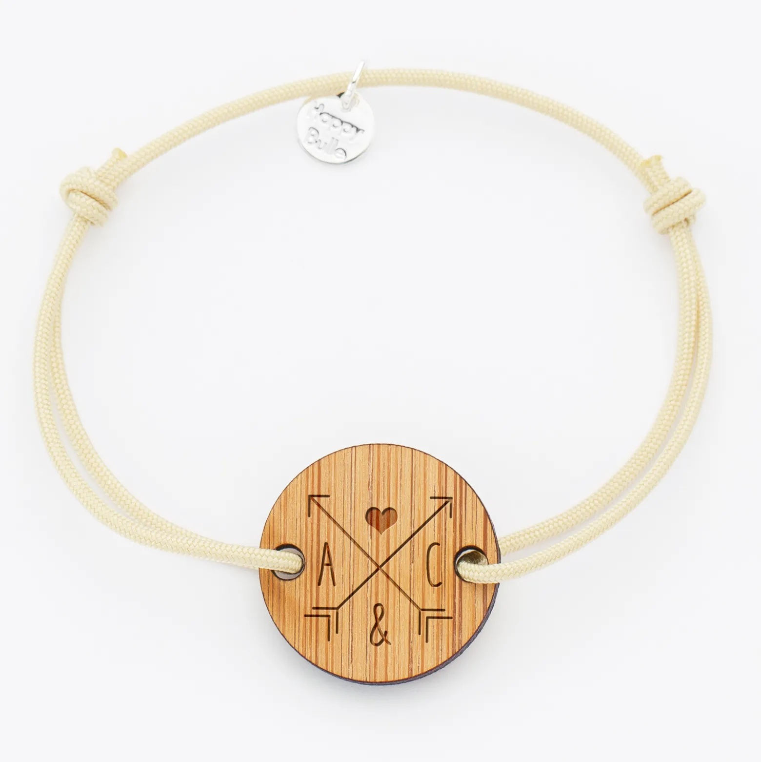 Bracelet personnalisé initiales médaille gravée bois ronde 2 trous 21 mm "pour les amoureux"