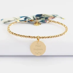 Bracelet personnalisé jonc tressé plaqué or et cordon Liberty médaille gravée 15 mm