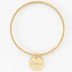 Bracelet personnalisé jonc torsadé plaqué or médaille gravée 19 mm