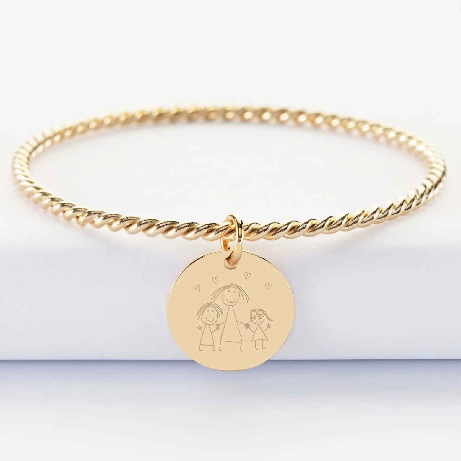 Bracelet personnalisé jonc torsadé plaqué or médaille gravée 19 mm