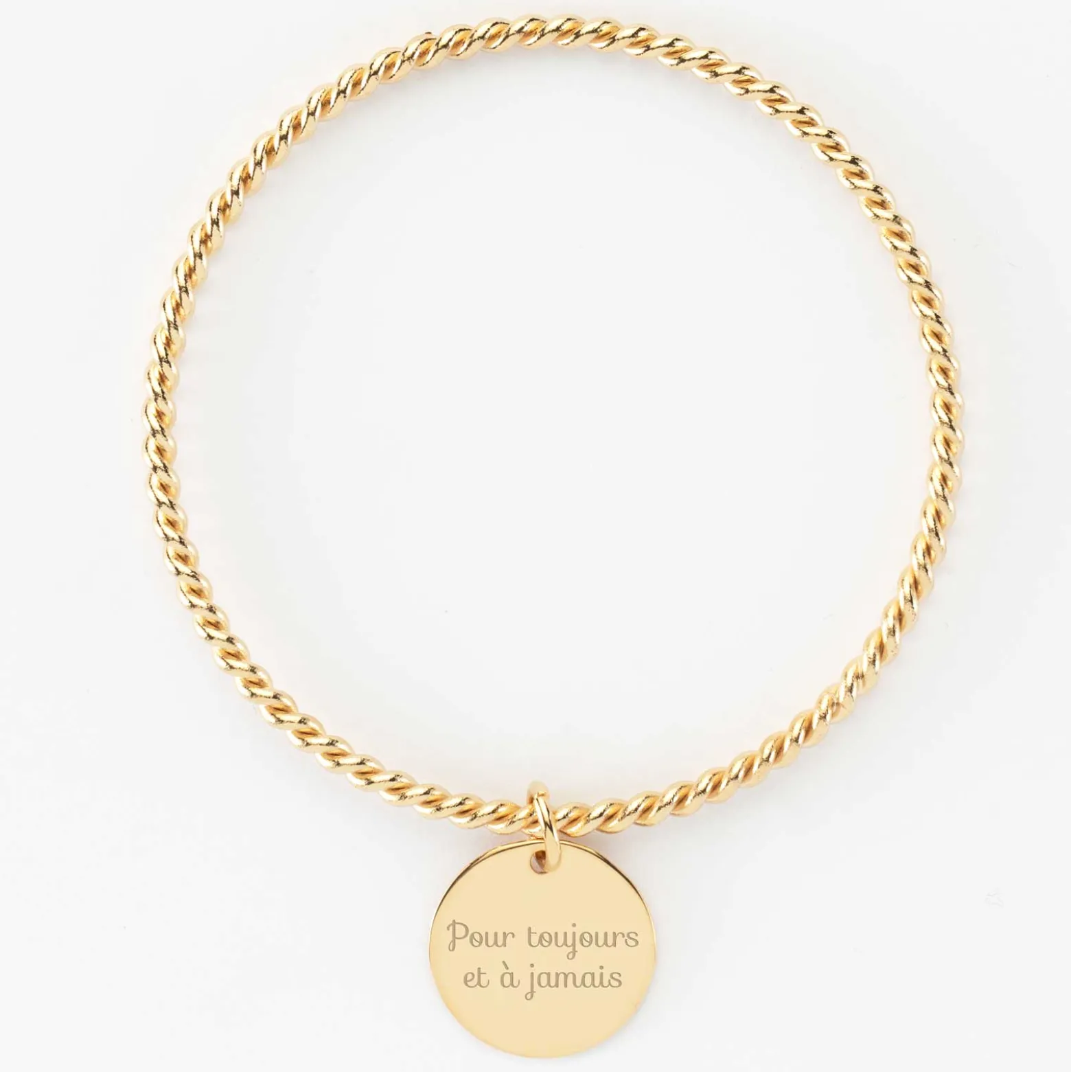 Bracelet personnalisé jonc torsadé plaqué or médaille gravée 19 mm