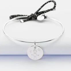 Bracelet personnalisé jonc argent et cordon pailleté médaille gravée 15 mm