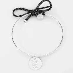 Bracelet personnalisé jonc argent et cordon pailleté médaille gravée 15 mm