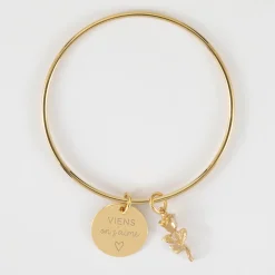 Bracelet personnalisé jonc plaqué or médaille gravée 19 mm et breloque rose 19 mm