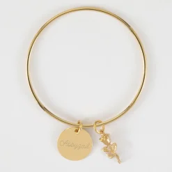 Bracelet personnalisé jonc plaqué or médaille gravée 19 mm et breloque rose 19 mm