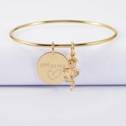 Bracelet personnalisé jonc plaqué or médaille gravée 19 mm et breloque rose 19 mm