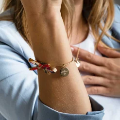 Bracelet personnalisé jonc plaqué or et cordon Liberty médaille gravée 15 mm