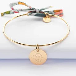 Bracelet personnalisé jonc plaqué or et cordon Liberty médaille gravée 15 mm
