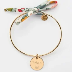 Bracelet personnalisé jonc plaqué or et cordon Liberty médaille gravée 15 mm