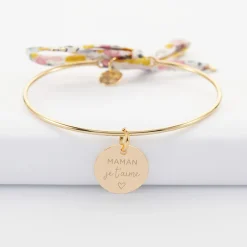 Bracelet personnalisé jonc plaqué or et cordon Liberty médaille gravée 15 mm