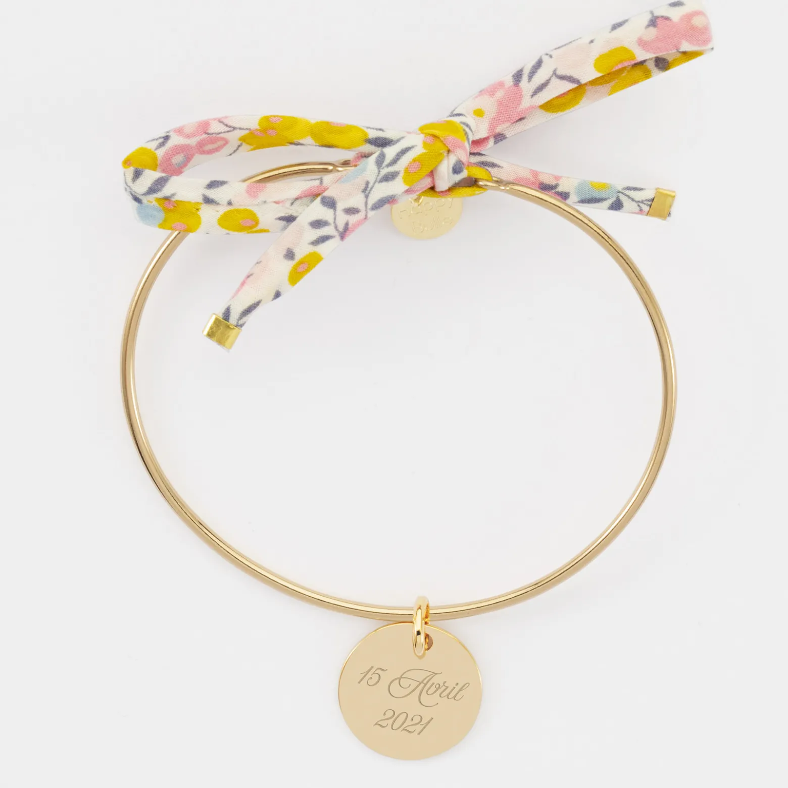 Bracelet personnalisé jonc plaqué or et cordon Liberty médaille gravée 15 mm