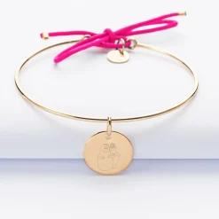Bracelet personnalisé jonc plaqué or et cordon médaille gravée 15 mm - HappyBulle x Barbapapa