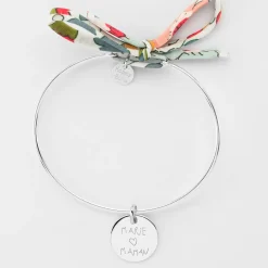 Bracelet personnalisé jonc argent et cordon Liberty médaille gravée 15 mm