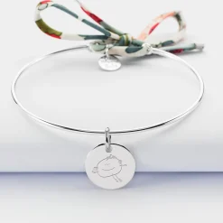 Bracelet personnalisé jonc argent et cordon Liberty médaille gravée 15 mm