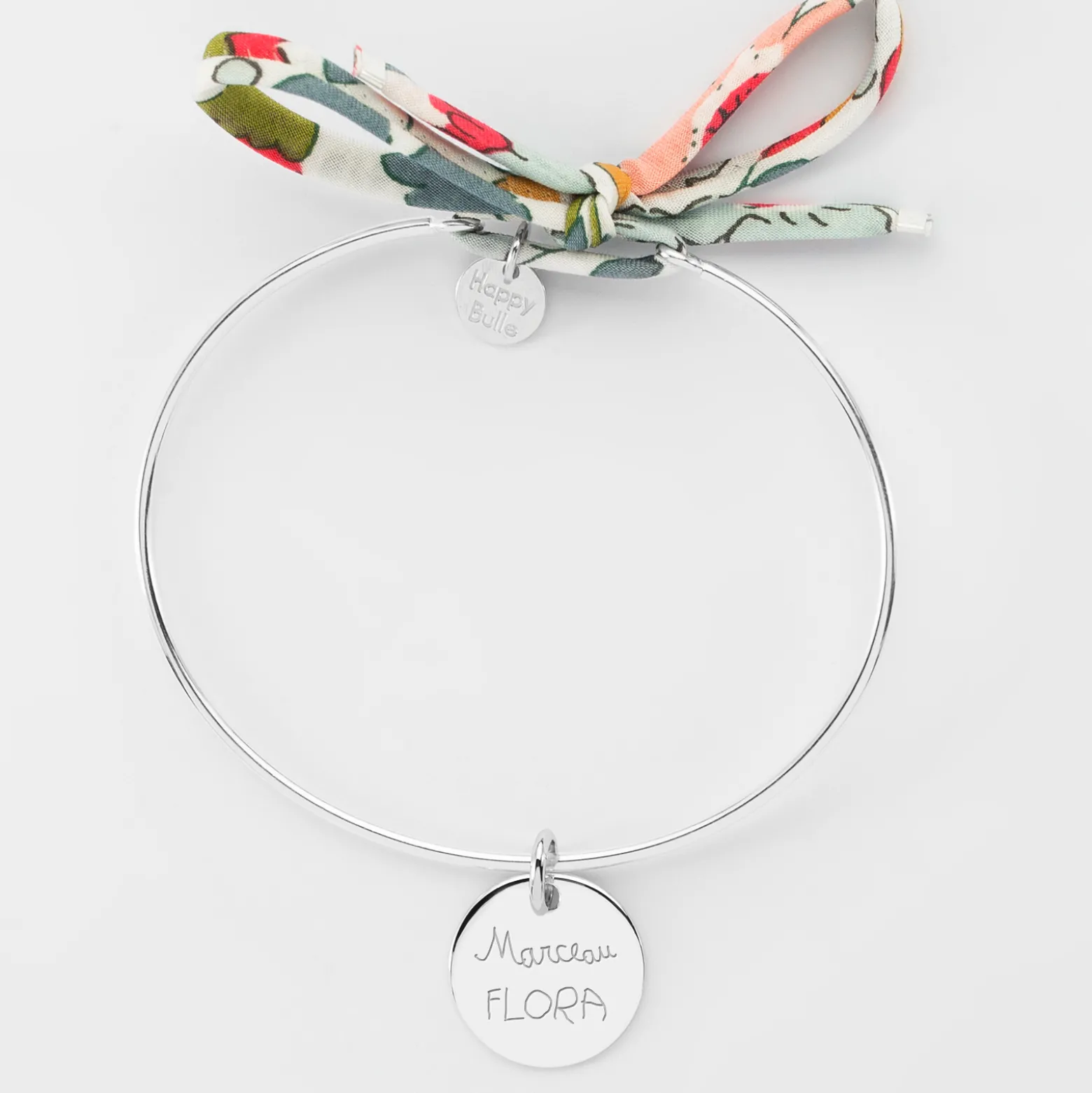 Bracelet personnalisé jonc argent et cordon Liberty médaille gravée 15 mm