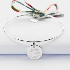 Bracelet personnalisé jonc argent et cordon Liberty médaille gravée 15 mm