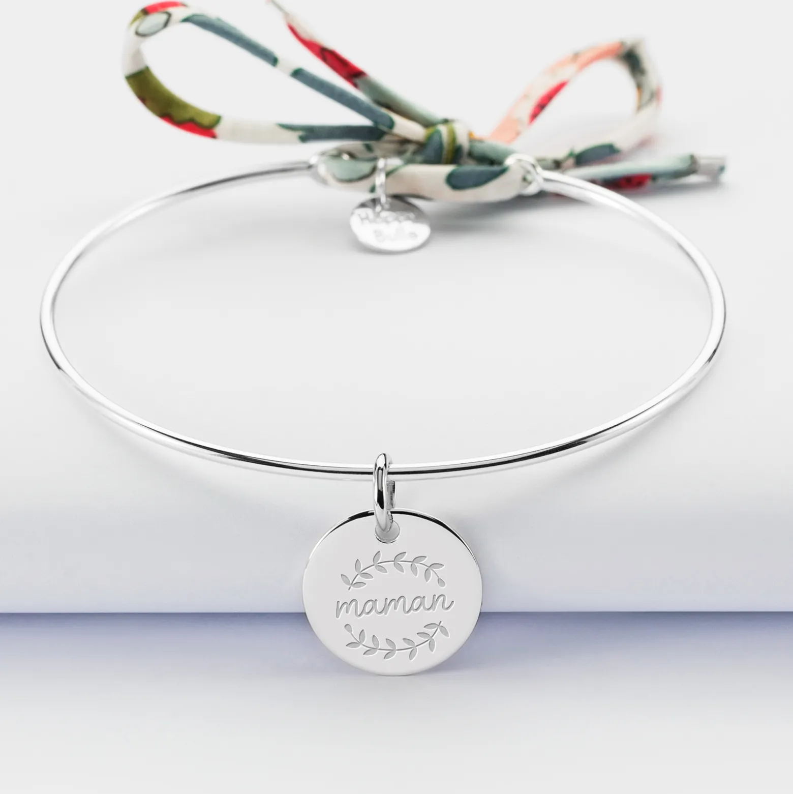 Bracelet personnalisé jonc argent et cordon Liberty médaille gravée 15 mm