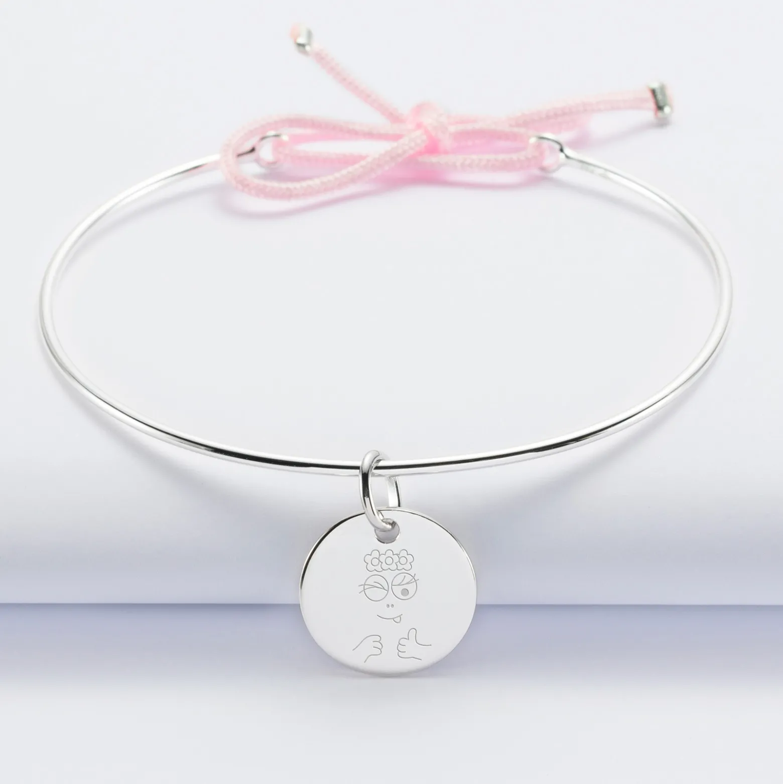 Bracelet personnalisé jonc argent et cordon médaille gravée 15 mm - HappyBulle x Barbapapa