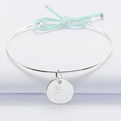 Bracelet personnalisé jonc argent et cordon médaille gravée 15 mm - HappyBulle x Barbapapa
