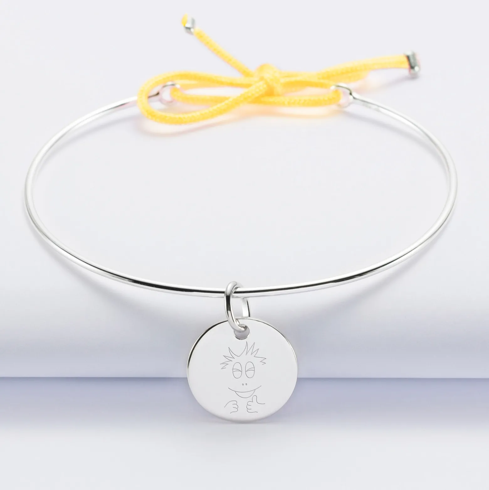 Bracelet personnalisé jonc argent et cordon médaille gravée 15 mm - HappyBulle x Barbapapa