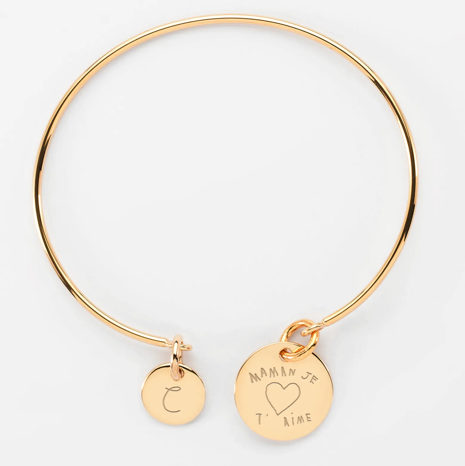 Bracelet personnalisé jonc plaqué or médaille gravée 15 mm et breloque ronde 10 mm