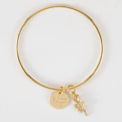 Bracelet personnalisé jonc plaqué or médaille gravée 15 mm et breloque rose 19 mm