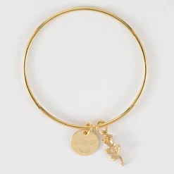 Bracelet personnalisé jonc plaqué or médaille gravée 15 mm et breloque rose 19 mm
