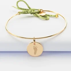 Bracelet personnalisé jonc plaqué or et cordon pailleté médaille gravée 15 mm