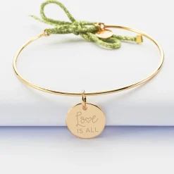 Bracelet personnalisé jonc plaqué or et cordon pailleté médaille gravée 15 mm