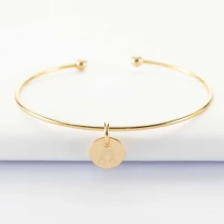 Bracelet personnalisé jonc ouvert boules plaqué or médaille gravée 10 mm