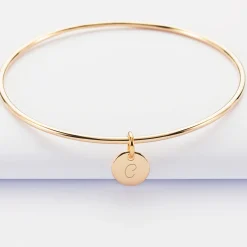 Bracelet personnalisé jonc plaqué or médaille gravée initiale 10 mm