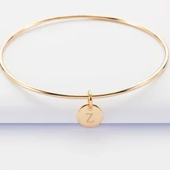 Bracelet personnalisé jonc plaqué or médaille gravée initiale 10 mm