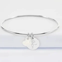 Bracelet personnalisé jonc argent médaille gravée 15 mm et breloque nacre 10 mm