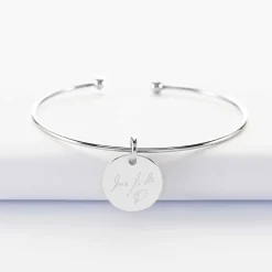 Bracelet personnalisé jonc ouvert argent médaille gravée 15 mm