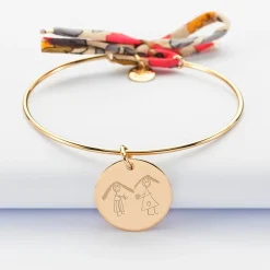 Bracelet personnalisé jonc plaqué or et cordon Liberty médaille gravée 19 mm