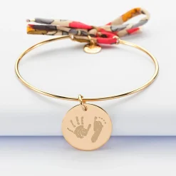 Bracelet personnalisé jonc plaqué or et cordon Liberty médaille gravée 19 mm