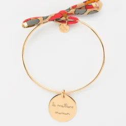 Bracelet personnalisé jonc plaqué or et cordon Liberty médaille gravée 19 mm
