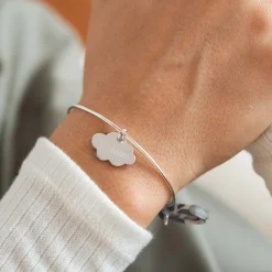 Bracelet personnalisé jonc argent et cordon Liberty médaille gravée nuage 20x14 mm