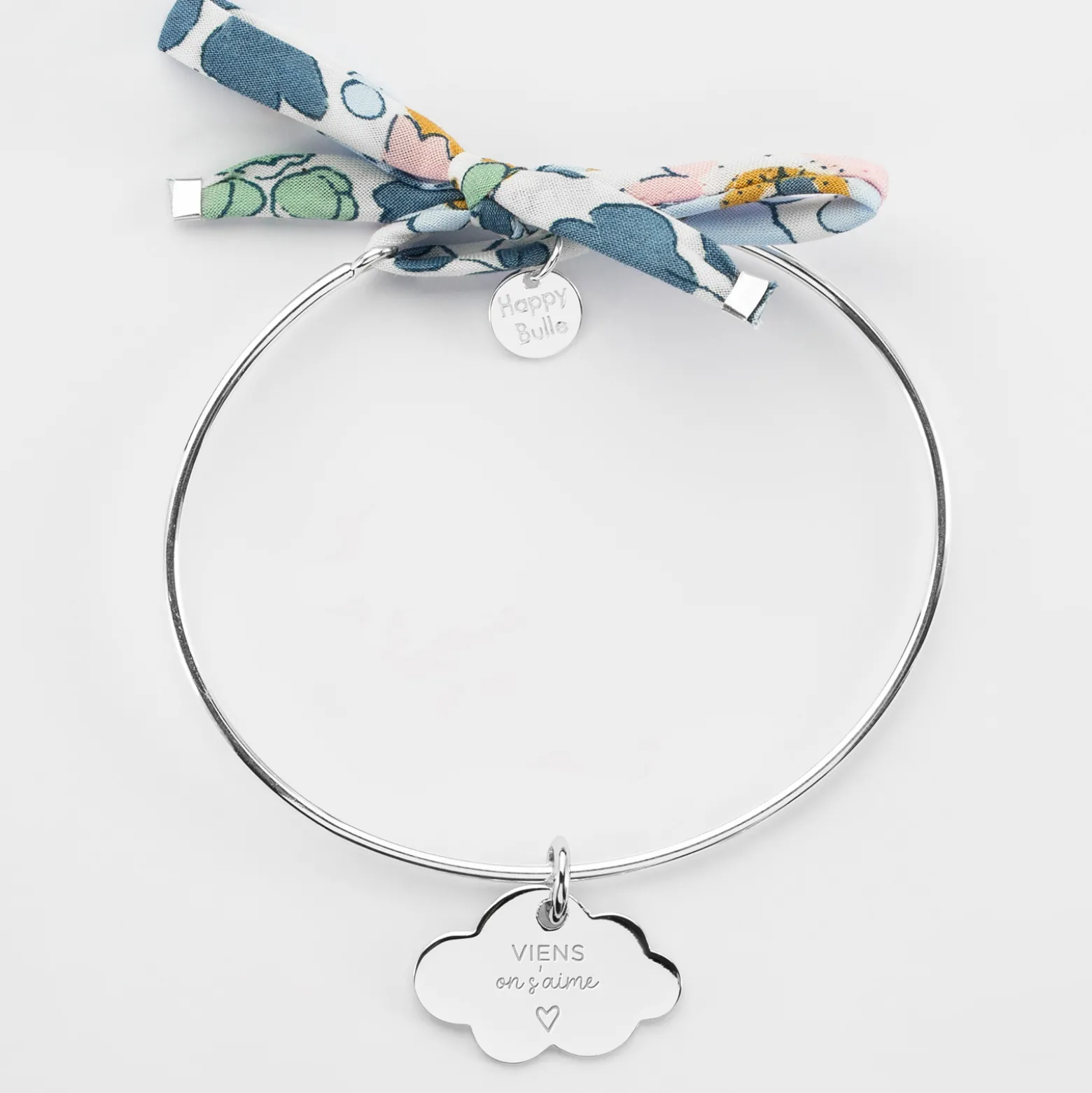 Bracelet personnalisé jonc argent et cordon Liberty médaille gravée nuage 20x14 mm