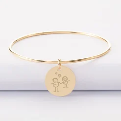 Bracelet personnalisé jonc plaqué or médaille soleil coeur bombé gravée 19 mm