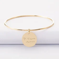 Bracelet personnalisé jonc plaqué or médaille soleil coeur bombé gravée 19 mm