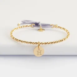 Bracelet personnalisé jonc tressé plaqué or et cordon médaille gravée 10 mm
