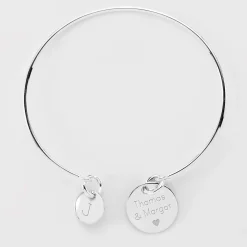 Bracelet personnalisé jonc argent médaille gravée 15 mm et breloque ronde 10 mm