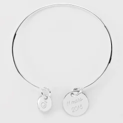 Bracelet personnalisé jonc argent médaille gravée 15 mm et breloque ronde 10 mm