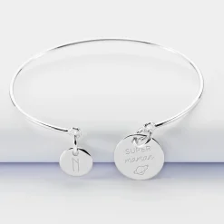 Bracelet personnalisé jonc argent médaille gravée 15 mm et breloque ronde 10 mm