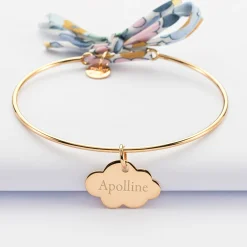 Bracelet personnalisé jonc plaqué or et cordon Liberty médaille gravée nuage 20x14 mm