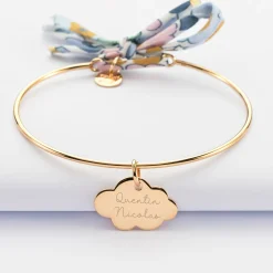 Bracelet personnalisé jonc plaqué or et cordon Liberty médaille gravée nuage 20x14 mm