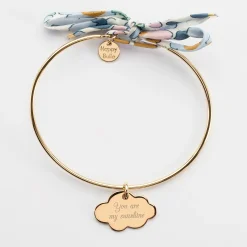 Bracelet personnalisé jonc plaqué or et cordon Liberty médaille gravée nuage 20x14 mm
