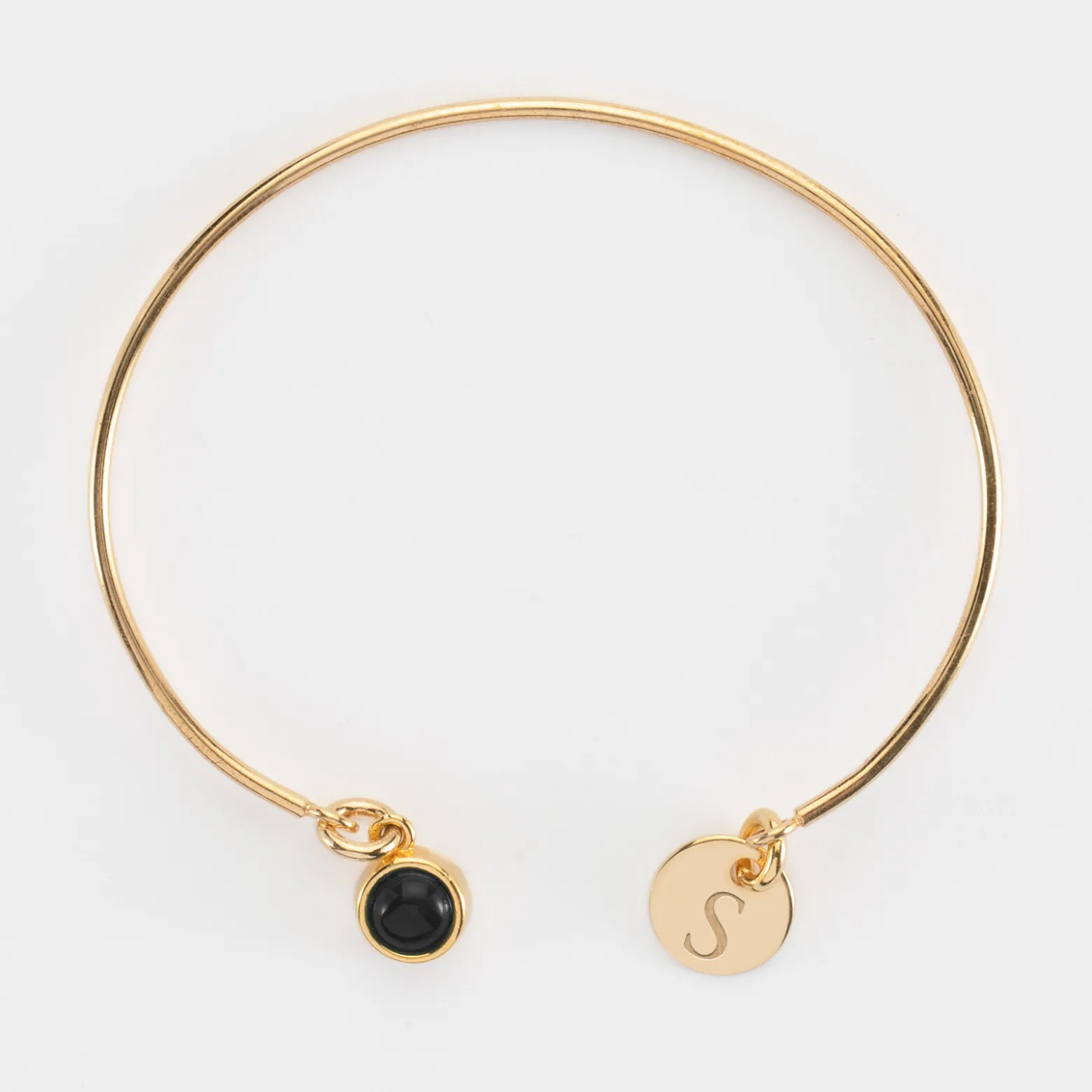 Bracelet personnalisé jonc plaqué or ouvert médaille gravée 10 mm et breloque pierre naturelle 8 mm